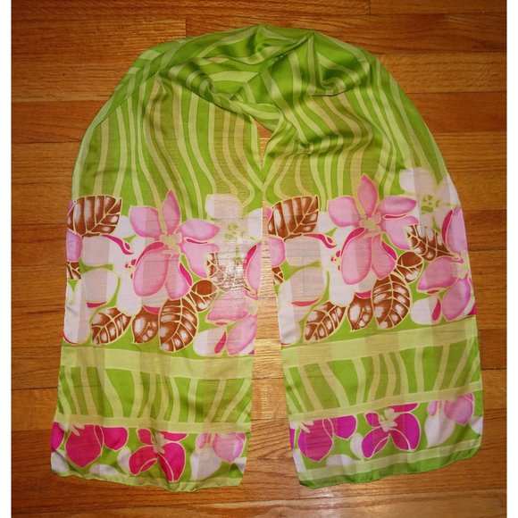 Vintage Green & Pink Floral Scarf tropical boho neck scarf pinup retro - Picture 10 of 10